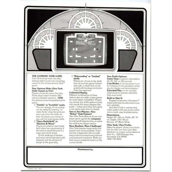 Ultra Tank Vintage Video Arcade Game Flyer 1977 Original Retro Art 8.5" x 11" - Picture 2 of 2